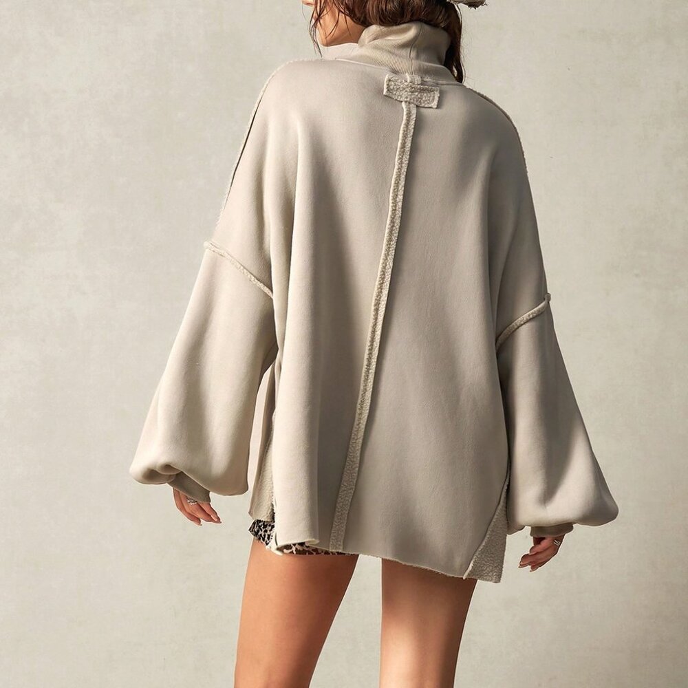 Grey Casual Women's Knitted Turtleneck Lantern Sleeve Loose Sweatshirt - Picture 2 of 7